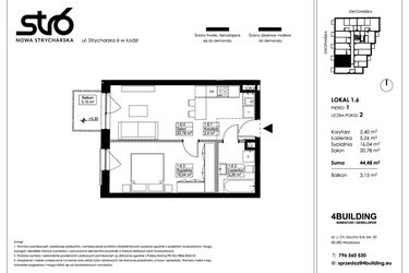 Rzut - Mieszkanie na sprzedaż 2 pokoje o powierzchni 44,48 m² - numer 1.6 w Nowa Strycharska | STR 6