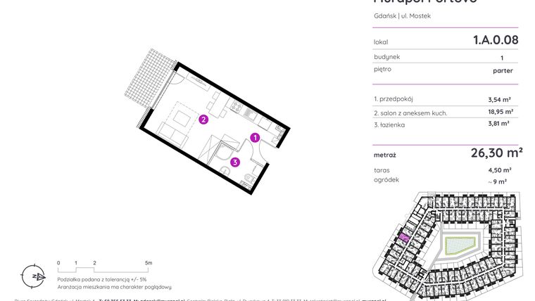 Rzut - Mieszkanie na sprzedaż 1 pokój o powierzchni 26,3 m² - numer 1.A.0.08 w Murapol Portovo etap II