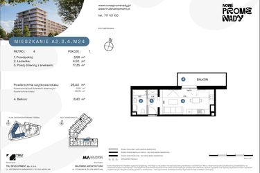 Rzut - Mieszkanie na sprzedaż 1 pokój o powierzchni 25,43 m² - numer A2.3.4.M24 w Nowe Promenady