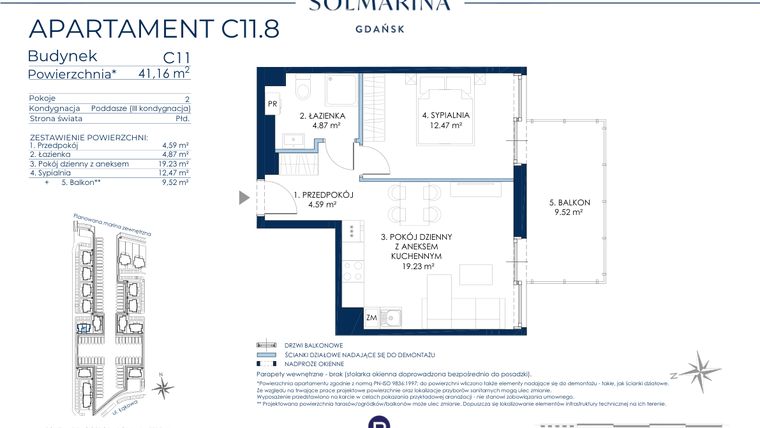 Rzut - Mieszkanie na sprzedaż 2 pokoje o powierzchni 41,16 m² - numer C11.8 w Sol Marina etap III