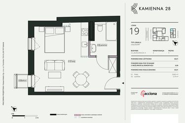 Rzut - Mieszkanie na sprzedaż 1 pokój o powierzchni 35,01 m² - numer 4.19 w Kamienna 28 - apartamenty inwestycyjne