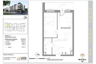 Rzut - Mieszkanie na sprzedaż 2 pokoje o powierzchni 47,68 m² - numer 33 w Nowe Sady 85