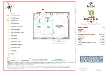 Rzut - Mieszkanie na sprzedaż 3 pokoje o powierzchni 60,85 m² - numer 16 w Zielone Sady etap III