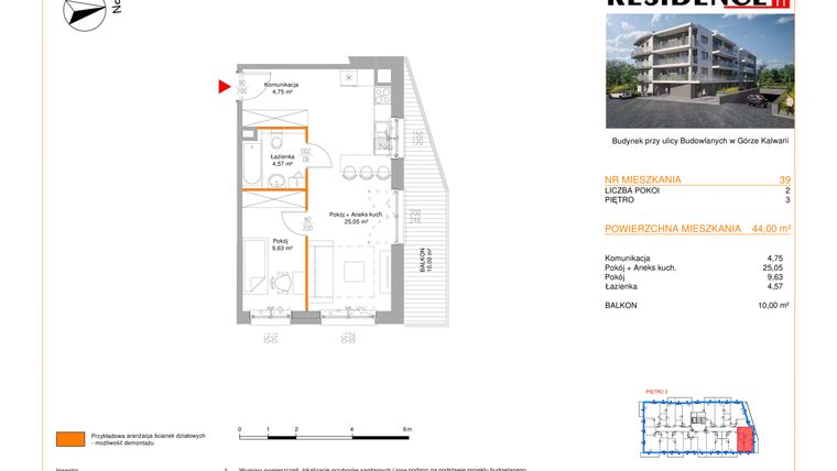 Rzut - Mieszkanie na sprzedaż 2 pokoje o powierzchni 44 m² - numer M-39 w Przy Chopina