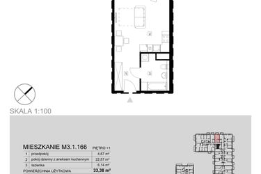 Rzut - Mieszkanie na sprzedaż 1 pokój o powierzchni 33,38 m² - numer M3.1.166 w Modern Helenów