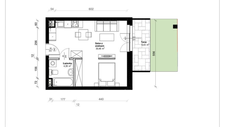 Rzut - Mieszkanie na sprzedaż 1 pokój o powierzchni 34,87 m² - numer B.0.13.1a w ATRIUM