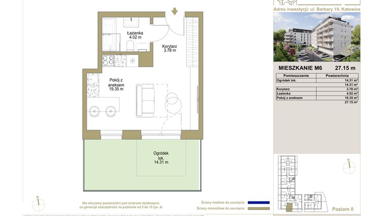 Rzut - Mieszkanie na sprzedaż 1 pokój o powierzchni 27,26 m² - numer M6 w Barbary 19