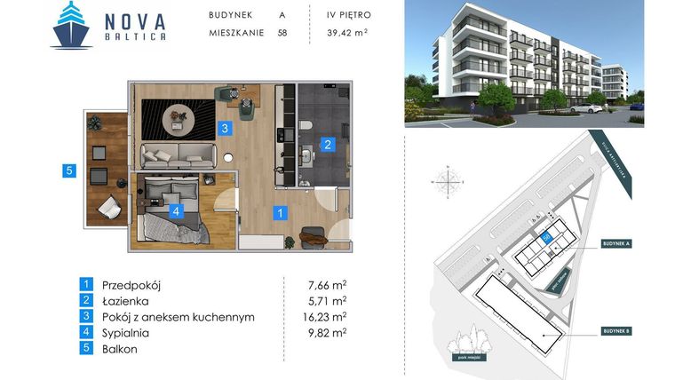 Rzut - Mieszkanie na sprzedaż 2 pokoje o powierzchni 39,42 m² - numer A58 w Nova Baltica Mieszkania Kołobrzeg