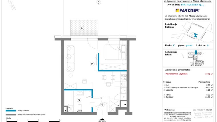 Rzut - Mieszkanie na sprzedaż 1 pokój o powierzchni 37,42 m² - numer 9 w Daszyńskiego Square etap 2
