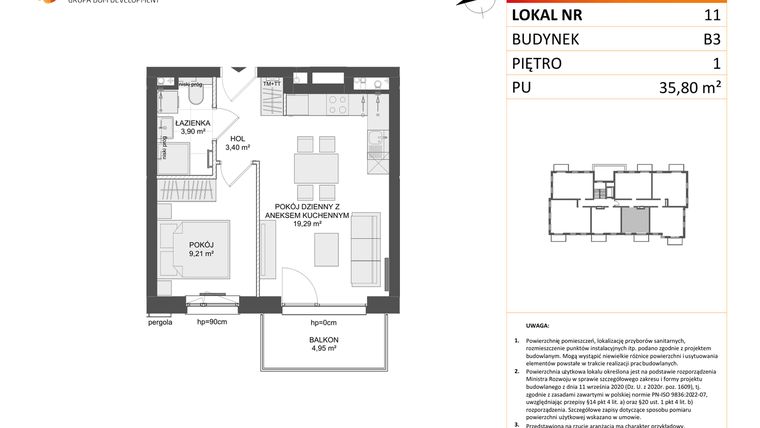 Rzut - Mieszkanie na sprzedaż 2 pokoje o powierzchni 35,8 m² - numer B3.11 w Osiedle Przy Błoniach 3 etap III