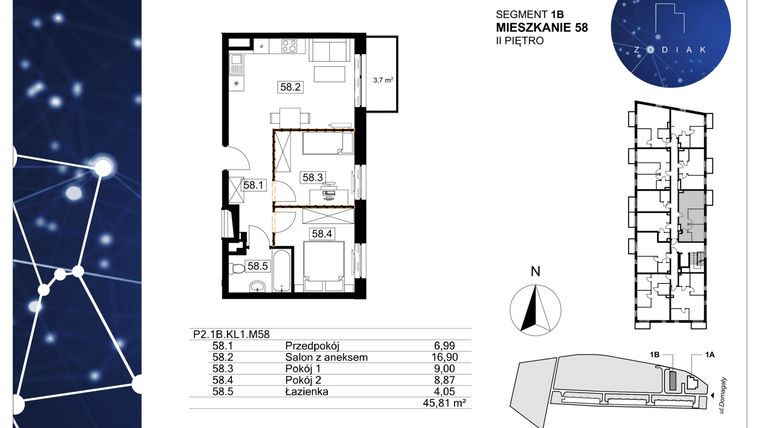 Rzut - Mieszkanie na sprzedaż 3 pokoje o powierzchni 45,81 m² - numer 39/58 w Zodiak