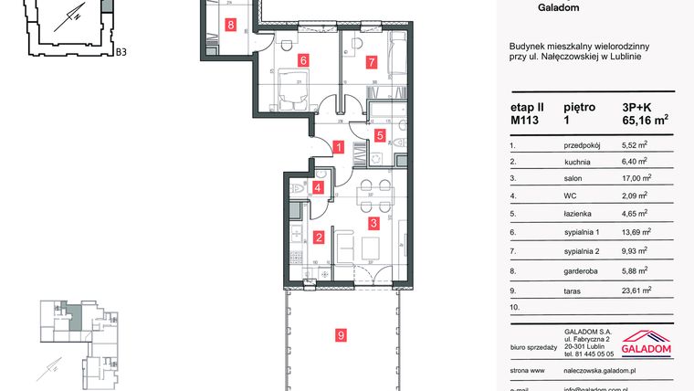 Rzut - Mieszkanie na sprzedaż 3 pokoje o powierzchni 65,16 m² - numer M-113 w Nałęczowska etap II