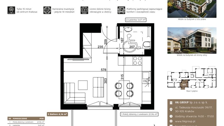 Rzut - Mieszkanie na sprzedaż 2 pokoje o powierzchni 25,63 m² - numer M4 w Dolnomłyńska 5