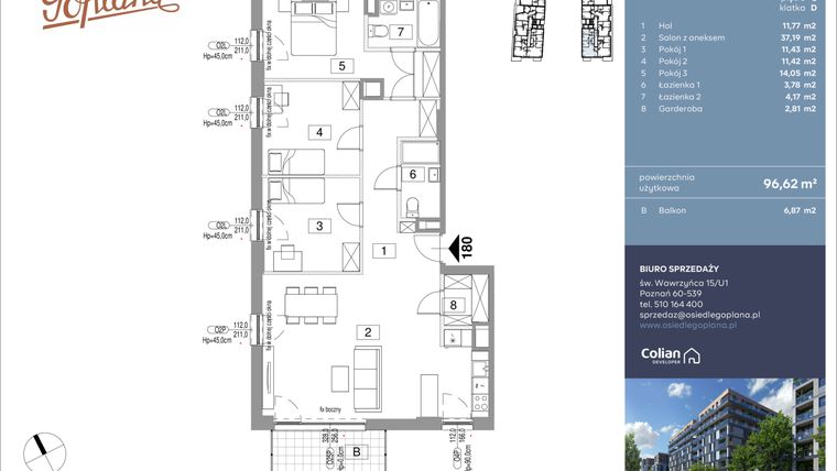 Rzut - Mieszkanie na sprzedaż 4 pokoje o powierzchni 96,62 m² - numer F180 w Goplana budynek F