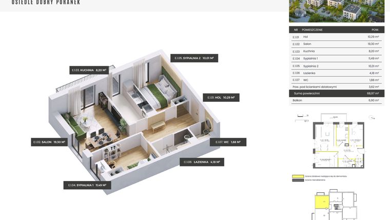Rzut - Mieszkanie na sprzedaż 3 pokoje o powierzchni 68,97 m² - numer E.1.1 w Dobry Poranek
