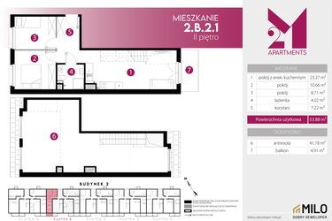 Rzut - Mieszkanie na sprzedaż 4 pokoje o powierzchni 95,66 m² - numer 2.B.2.1 w Maślice Wrocław Milo Dobry Deweloper etap III