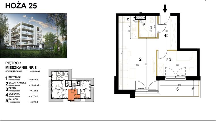 Rzut - Mieszkanie na sprzedaż 2 pokoje o powierzchni 40,48 m² - numer 8 w Hoża 25