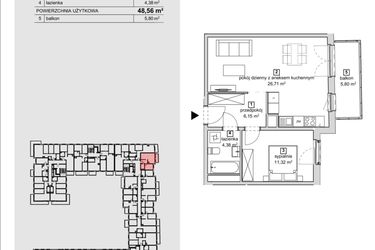 Rzut - Mieszkanie na sprzedaż 2 pokoje o powierzchni 48,56 m² - numer 2C-3-3 w Naramowice Odnova