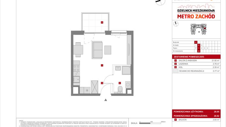 Rzut - Mieszkanie na sprzedaż 1 pokój o powierzchni 28,82 m² - numer C.56 w Dzielnica Mieszkaniowa Metro Zachód - etap 8.1