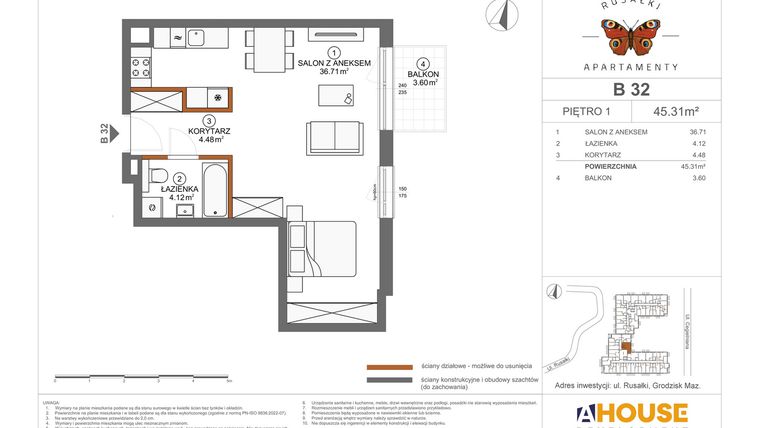 Rzut - Mieszkanie na sprzedaż 1 pokój o powierzchni 45,31 m² - numer B32 w Apartamenty Rusałki