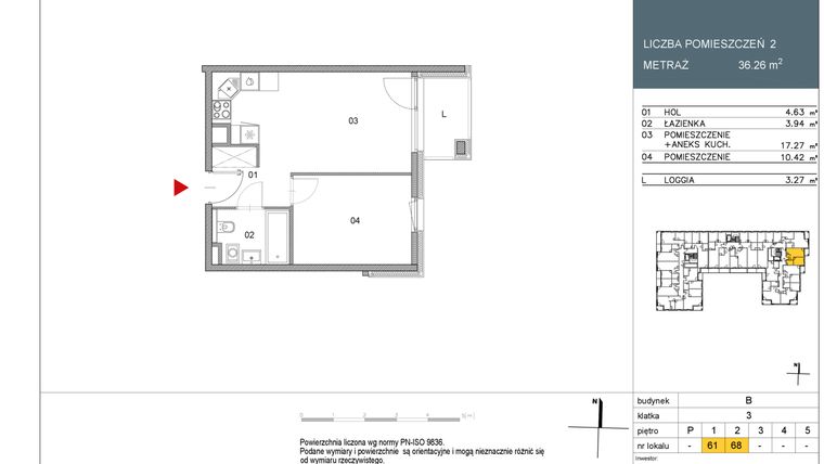 Rzut - Mieszkanie na sprzedaż 2 pokoje o powierzchni 36,26 m² - numer 68 w Morwowa 3 - Apartamenty Inwestycyjne