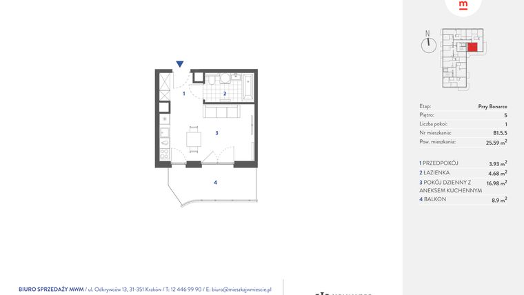 Rzut - Mieszkanie na sprzedaż 1 pokój o powierzchni 25,59 m² - numer B1.5.5 w Mieszkaj w mieście - przy Bonarce