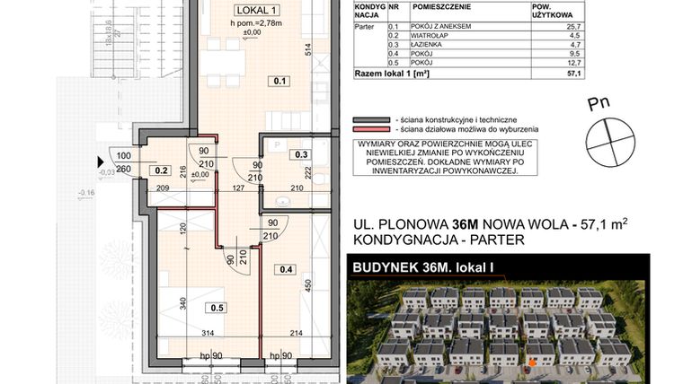 Rzut - Mieszkanie na sprzedaż 3 pokoje o powierzchni 57,1 m² - numer 36M/1 w Zespół willowy Zielona Polana - etap 6