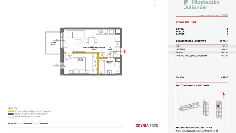 Rzut - Mieszkanie na sprzedaż 2 pokoje o powierzchni 37,65 m² - numer 140 w Miasteczko Julianów