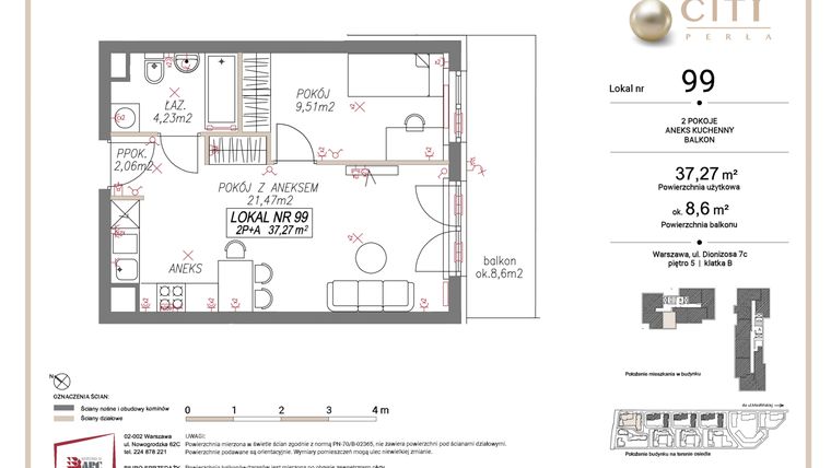 Rzut - Mieszkanie na sprzedaż 2 pokoje o powierzchni 37,27 m² - numer 99 w Comfort City Perła