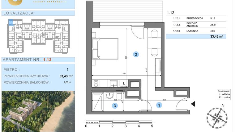 Rzut - Mieszkanie na sprzedaż 1 pokój o powierzchni 33,43 m² - numer 1.12 w Ustronie Luxury Apartments