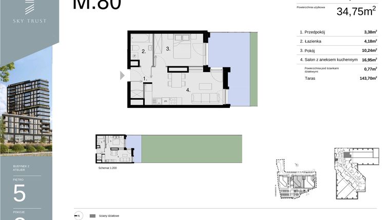 Rzut - Mieszkanie na sprzedaż 2 pokoje o powierzchni 35,52 m² - numer M80 w Sky Trust etap II