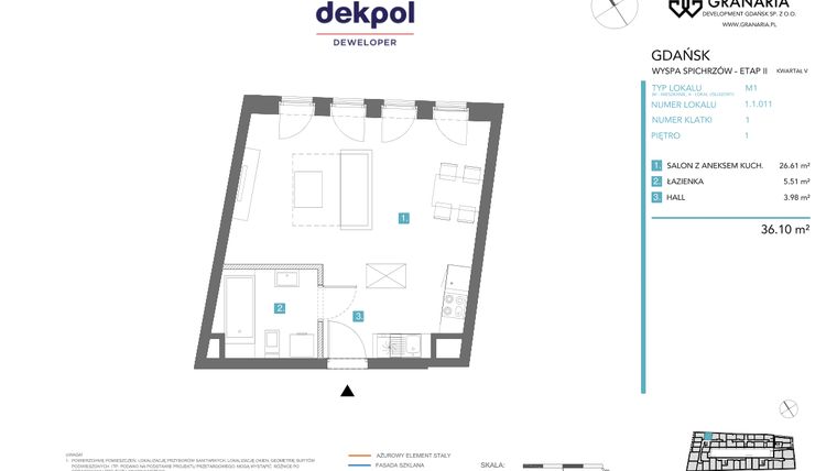 Rzut - Mieszkanie na sprzedaż 1 pokój o powierzchni 36,1 m² - numer 1.1.011 w Granaria