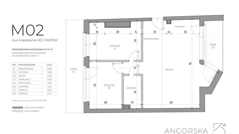 Rzut - Mieszkanie na sprzedaż 3 pokoje o powierzchni 74,17 m² - numer 2 w Angorska 13A