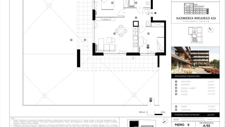Rzut - Mieszkanie na sprzedaż 3 pokoje o powierzchni 60,39 m² - numer A/02 w Kazimierza Wielkiego 42A