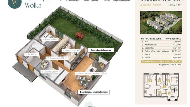 Rzut - Mieszkanie na sprzedaż 3 pokoje o powierzchni 54,97 m² - numer B3/1 w Spokojna Wólka etap IV