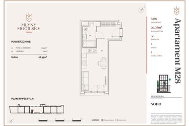 Rzut - Mieszkanie na sprzedaż 1 pokój o powierzchni 26,35 m² - numer C.28 w Młyny Mogilska