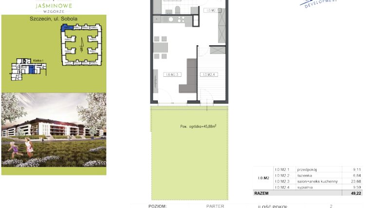 Rzut - Mieszkanie na sprzedaż 2 pokoje o powierzchni 49,22 m² - numer I.0.M2 w Jaśminowe Wzgórze - etap II