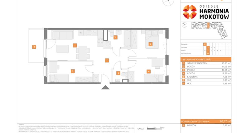 Rzut - Mieszkanie na sprzedaż 4 pokoje o powierzchni 66,17 m² - numer E.55 w Osiedle Harmonia Mokotów etap 2