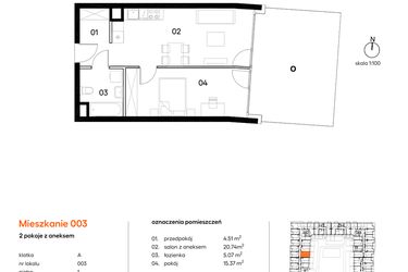 Rzut - Mieszkanie na sprzedaż 2 pokoje o powierzchni 45,69 m² - numer A003 w Miasto Polskich Mistrzów Olimpijskich