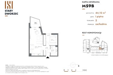 Rzut - Mieszkanie na sprzedaż 2 pokoje o powierzchni 44,12 m² - numer M 59B w Stary Dworzec