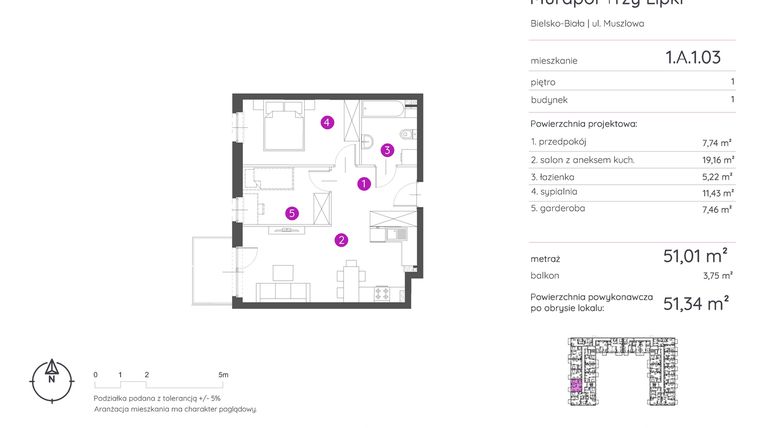 Rzut - Mieszkanie na sprzedaż 2 pokoje o powierzchni 51,34 m² - numer 1.A.1.03 w Murapol Trzy Lipki