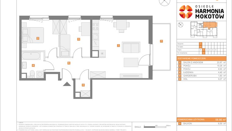 Rzut - Mieszkanie na sprzedaż 3 pokoje o powierzchni 58,66 m² - numer I.2 w Osiedle Harmonia Mokotów etap 3