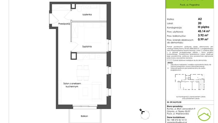 Rzut - Mieszkanie na sprzedaż 2 pokoje o powierzchni 45,14 m² - numer OP/A2/P3/20 w Osiedle Pogodne etap I