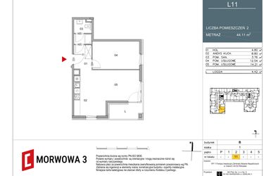 Rzut - Mieszkanie na sprzedaż 2 pokoje o powierzchni 44,11 m² - numer 11 w Morwowa 3 - Apartamenty Inwestycyjne
