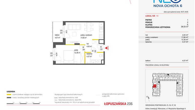 Rzut - Mieszkanie na sprzedaż 2 pokoje o powierzchni 38,53 m² - numer 14 w Neo Nova Ochota 6