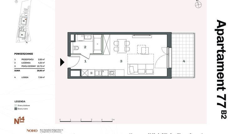 Rzut - Mieszkanie na sprzedaż 1 pokój o powierzchni 29,95 m² - numer B2.77 w Nadgórników 14