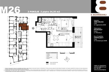 Rzut - Mieszkanie na sprzedaż 2 pokoje o powierzchni 34,35 m² - numer M26 w Sczanieckiej 8