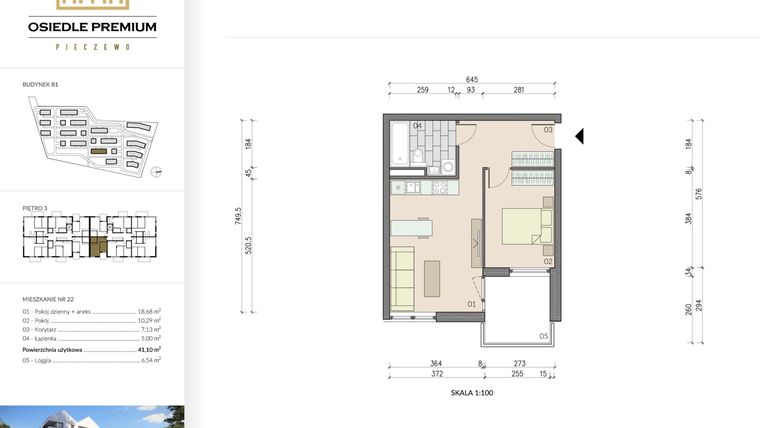 Rzut - Mieszkanie na sprzedaż 2 pokoje o powierzchni 41,1 m² - numer B1.22 w Osiedle Premium etap IV