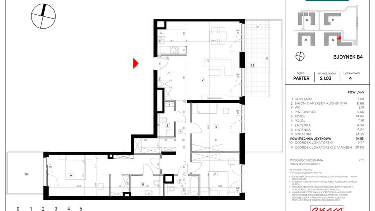 Rzut - Mieszkanie na sprzedaż 4 pokoje o powierzchni 114,83 m² - numer S.1.03 w CityFlow etap II