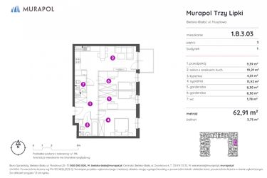 Rzut - Mieszkanie na sprzedaż 2 pokoje o powierzchni 62,91 m² - numer 1.B.3.03 w Murapol Trzy Lipki